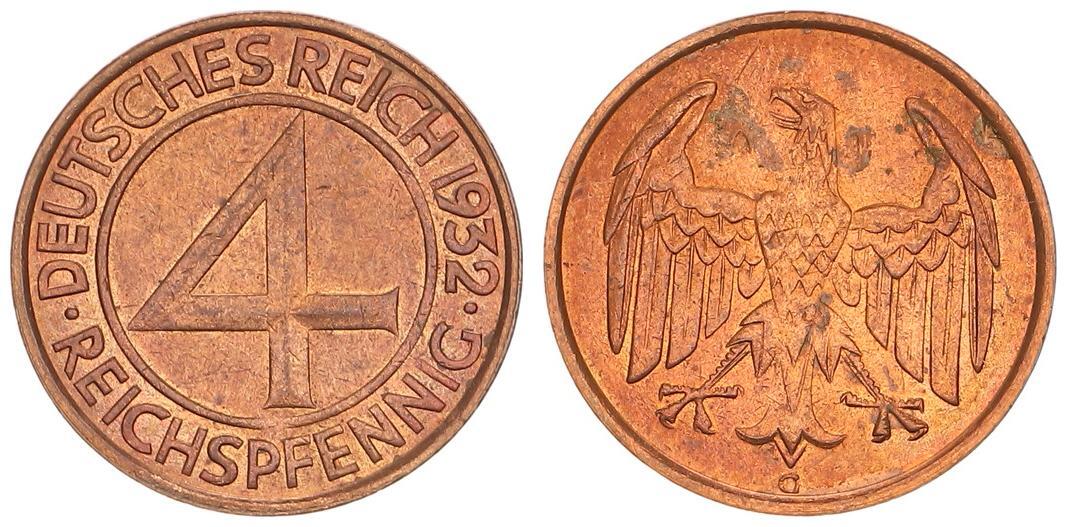 4 Pfennig Weimar J 315 4 Reichspfennig 1932 G UNC CH UNC