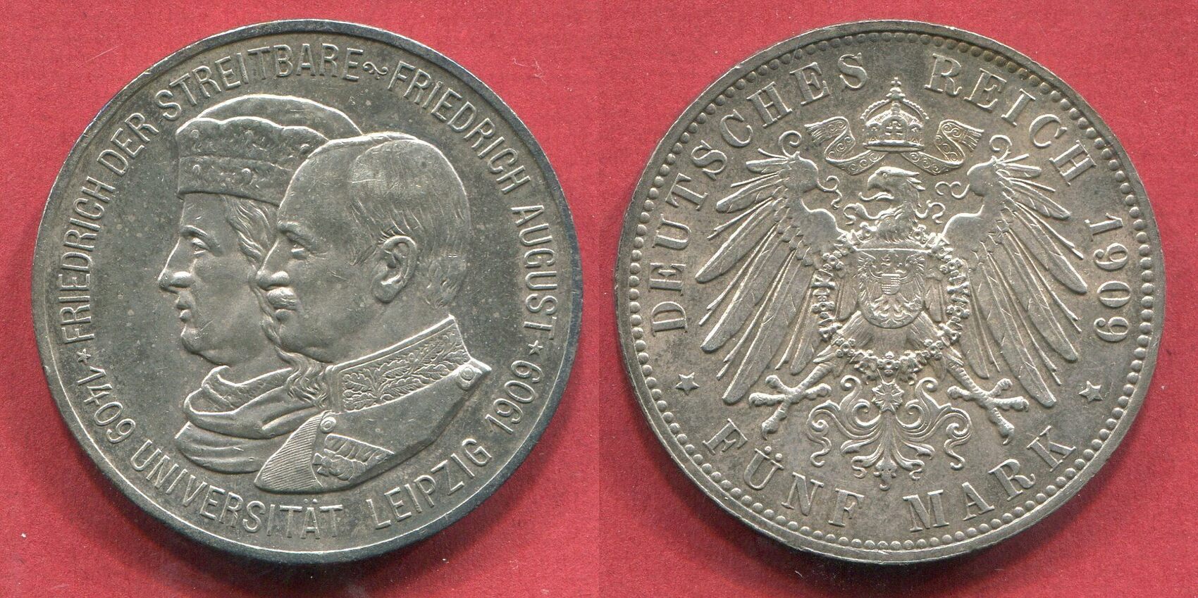 Saxony Sachsen Kaiserreich Deutschland 5 Mark Silbermünze 1909