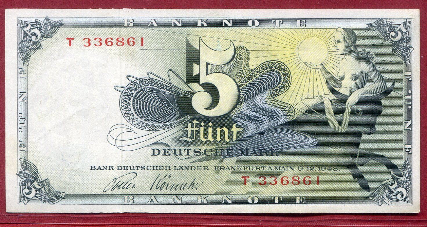 Bundesrepublik Deutschland 5 DM Banknote 1948 5 Mark Bank Deutscher