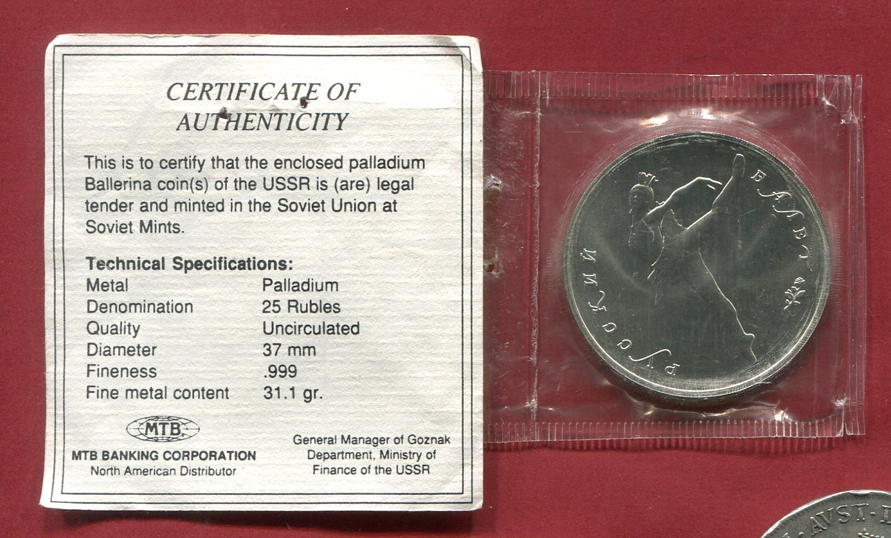 Russland Russia UDSSR 25 Rubel Palladium 1 Unze Roubles 1990 Ballerina