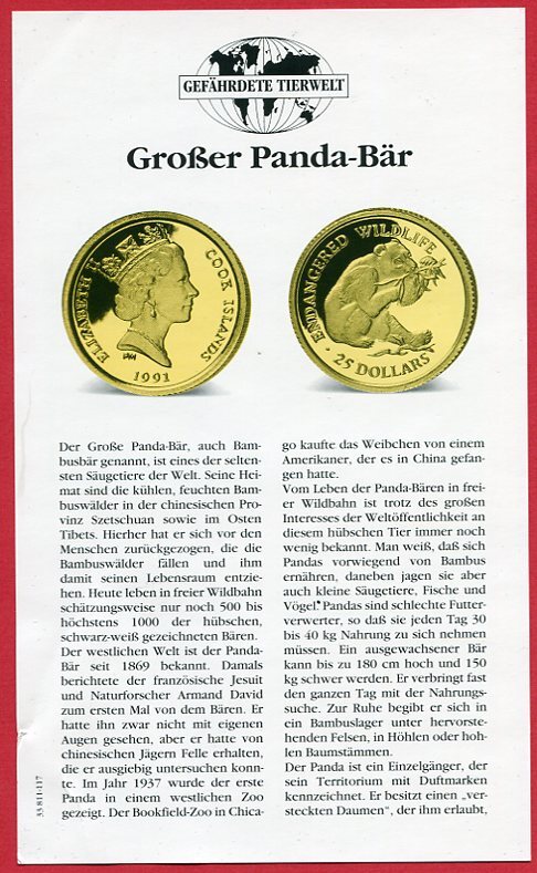 Cook Inseln 25 Dollars Minigoldmünze 1991 Serie Gefährdete Tierwelt