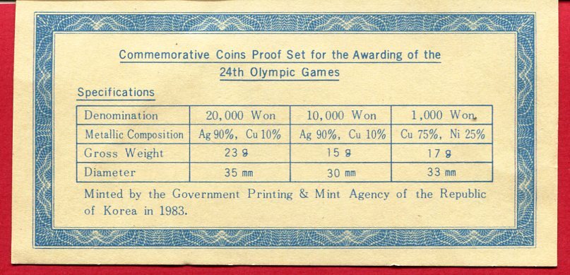 Südkorea 31000 Won Silber Kupfer Nickel Münzen 1983 Olympische