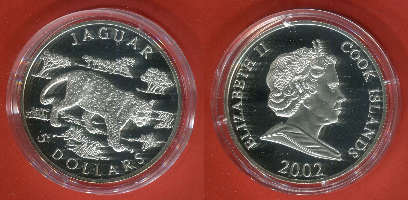 Cook Islands 5 Dollars 2002 Gefährdete Tierwelt Jaguar Proof with