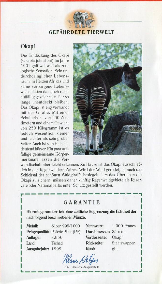 Tschad 1000 Francs 1999 Gefährdete Tierwelt Okapi proof with capsule