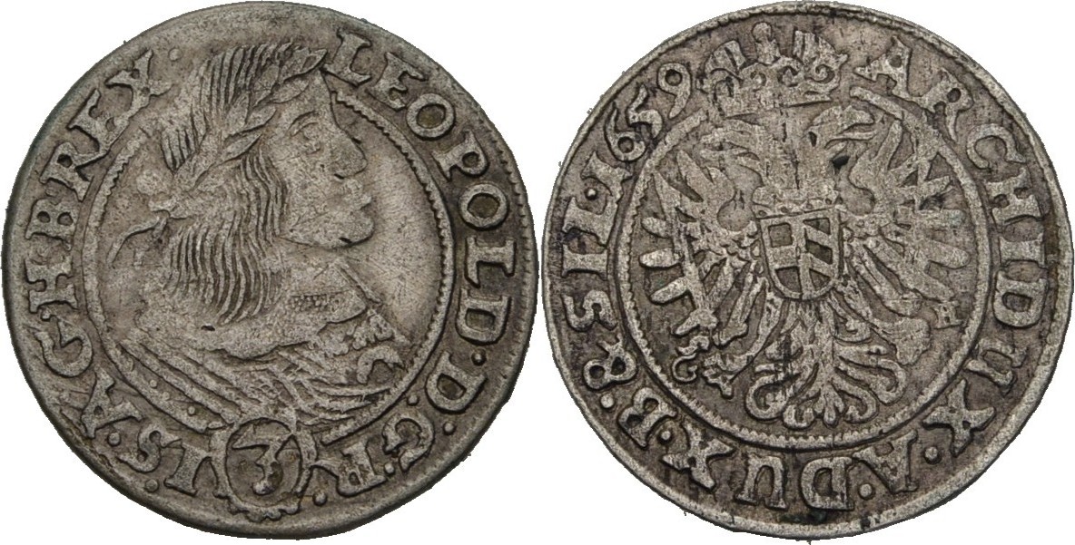 RDR Schlesien Breslau 3 Kreuzer 1659 Leopold I 1657 1705 VF MA Shops