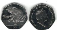 50 PENCE GIBRALTAR UNC COIN YEAR MONKEY RED COLOBUS UNCOLORED! -