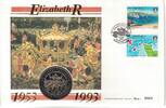  2 POUNDS 1993 ALDERNEY  £2 UNC COIN YEAR KM#5 CORONATION JUBILEE FDC  34,36 EUR31,95 EUR  Excl. 8,59 EUR Verzending