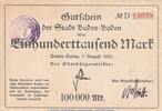 Großnotgeld Inflation Notgeld Baden-Baden 100.000 Mark Banknote Baden Baden , 100.000 Mark Schein in gbr. Keller 210.c , 07.08.1923 -