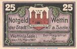 Seriennotgeld Deutschland Notgeld Wettin 25 Pfennig Notgeld Stadt Wettin 1421.2 , 25 Pfennig Schein in kfr. von 1921 , SA -