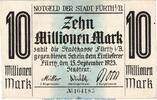 Inflation DE 10 Mio. Notgeld Stadt Fürth , 10 Million Mark Schein in gbr. Keller 1654.g von 1923 BAY -