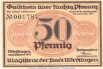 Notgeld DE 50 Pf. Nördlingen , 50 Pfennig Schein -o.WZ- in kfr. Tieste 5140.05.01 , BAY von 1917 -