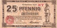 DE 25 Pf. Notgeld Stadt Köln , 25 Pfennig Schein in kfr. Tieste 3565.105.86 , 1921 RHL -
