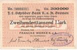 Inflation 1923 DE 200.000 Mk. Notgeld Franke Werke Bremen , 200.000 Mark Schein in gbr.E , Keller 585.c 1923 -