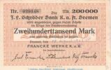 Großnotgeld Inflation 200.000 Mark Schein Notgeld Franke Werke Bremen , 200.000 Mark Schein in gbr. Keller 585.c 1923 -