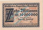Inflation De. 10 Mio. Mk. München , Banknote 10 Millionen Mark Schein in kfr. Keller 3657.d , Bayern 1923 -