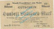 Großnotgeld 100 Mio. Mk. Frankfurt M. Notgeld 100 Millionen Mark Schein in gbr. Keller 1522.k-r , Hessen -