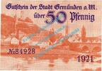 Notgeld DE 50 Pf. Gemünden , Notgeld 50 Pfennig Schein in kfr. Tieste 2170.05.55 , Bayern von 1921 -