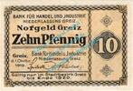 Notgeld DE 10 Pf. Greiz , Notgeld 10 Pfennig Schein in kfr. Tieste 2445.05.05 , Thüringen von 1919 -