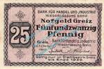 Notgeld DE 25 Pf. Greiz , Notgeld 25 Pfennig Schein in kfr. Tieste 2445.05.06 , Thüringen von 1919 -