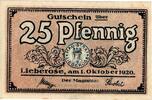 Kleingeld 1914-1922 25 Pf. Lieberose , Notgeld 25 Pfennig Schein in unc-kfr. Ti.4065.05.11 , Bbg von 1920 -