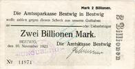 Inflation 1923 DE 2 Bio. Mk. Bestwig , Banknote 2 Billionen Mark Schein gbr.E Keller 386.d , Westfalen 1923 -