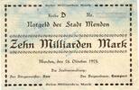 Inflation 1923 DE 10 Mia. Mk. -o.KN- Menden , Banknote 10 Milliarden Mark --MUSTER o.KN.-- unc-kfr. Keller 3516... -