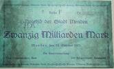 Inflation 1923 DE 20 Mia. Mk. -o.KN- Menden , Banknote 20 Milliarden Mark --MUSTER - o.KN.-- unc-kfr. Keller 3516... -