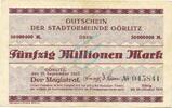 Inflation 1923 DE 50 Mio. Mk. Görlitz , Banknote 50 Millionen Mark Schein in gbr. Keller 1829.o-p , Schlesien -