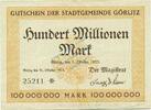 Inflation 1923 DE 100 Mio. Mk. Görlitz , Banknote 100 Millionen Mark Schein in gbr. Keller 1829.q , Schlesien -