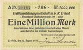 Inflation 1923 DE 1 Mio. Mk. Crefeld , Banknote 1 Million Mark Schein unc-kfr. Keller 928 , Rheinland 1923 -