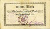 Inflation 1923 DE 100.000 Mk. Burscheid , Banknote 100.000 Mark Schein gbrr. Keller 696 , Rheinland 1923 Infla -