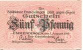 Kleingeld 1914-1922 5 Pf. Emmendingen , Notgeld 5 Pfennig Schein unc-kfr. Ti.1705.05.30 , Baden 1917 Verke -