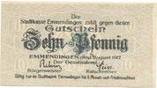Kleingeld 1914-1922 10 Pf. Emmendingen , Notgeld 10 Pfennig Schein unc-kfr. Ti.1705.05.05 , Baden 1917 Verk -