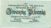 Kleingeld 1914-1922 20 Pf. Emmendingen , Notgeld 20 Pfennig Schein unc-kfr. Ti.1705.05.31 , Baden 1917 Verk -