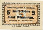 Kleingeld 1914-1922 5 Pf. Ebersberg , Notgeld 5 Pfennig Schein unc-kfr. Ti.1560.05.05 , Bayern 1916 Verkeh -