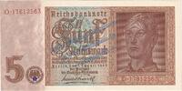 drittes Reich 5 Mk. Reichsbanknote , 5 Mark Schein in kfr. DEU-220.b , Ros.179 , P.186 , von 1942 -