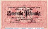 Kleingeld 1914-1922 DE 20 Pf. Notgeld der Stadt Emmendingen , 20 Pfennig Schein in kfr. Tieste 1705.05.22 -