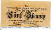 Kleingeld 1914-1922 DE 5 Pf. Notgeld der Stadt Emmendingen , 5 Pfennig Schein in kfr. Tieste 1705.05.20 -
