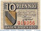 Kleingeld 1914-1922 DE 10 Pf. Notgeld der Stadt Baden Baden , 10 Pfennig Schein in kfr. Tieste 0285.05.05 -
