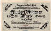 Großnotgeld Inflation 100 Millionen Mark Banknote der Stadt Kiel, 100 Millionen Mark Schein in L-gbr. Keller 2614.i o.D. -