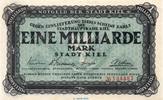 Großnotgeld Inflation 1 Milliarde Mark Banknote der Stadt Kiel , 1 Milliarde Mark Schein in kfr. Keller 2614.L o.D -