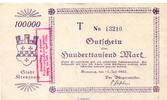 Großnotgeld Inflation 100.000 Mark , Zonenstempel Banknote Stadt Kreuznach , 100.000 Mark Zonenstempel in gbr. Keller 2812.e 1923 -