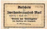 Großnotgeld Inflation 200.000 Mark Schein Banknote Verein der Arbeitgeber Harburg , 200.000 Mark Schein in gbr. Keller 221 -