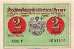 Seriennotgeld Deutschland 2 Mark Schein , Konto F Notgeld der Sparkasse Weener a.d. Ems , 2 Mark Schein Konto F in kfr. o.D. -
