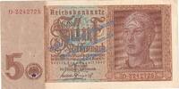 Drittes Reich - Reichsbank 5 Mk. Reichsbanknote , 5 Mark , KN 7 , in gbr. DEU-220.a, Ros.179, P.186 , von 1942 -