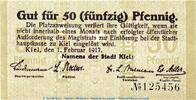 Kleingeld 1914-1922 DE 50 Pf. Notgeld Stadt Kiel 3470.40.10 , 50 Pfennig Schein in kfr. von 1917 , Schleswig -