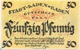 Kleingeld 1914-1922 50 Pf. Notgeld Baden Baden , 50 Pfennig Schein , Tieste 0285.05.01 , von 1919 , Baden Verkehrsausgabe -