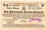 Deutsches Reich, Sachsen, Lotterie Los Leipzig Staatslotterie Einnahne, C.Louis Taeuber, -