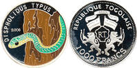 Republique Togolaise 1000 Francs African Fauna, Schlange, DISPHOLIDUS TYPUS, RR, Selten -