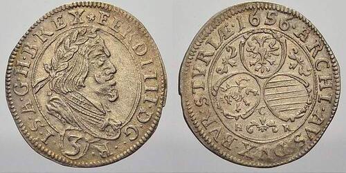 Haus Habsburg 3 Kreuzer 1656 Ferdinand III. 1637-1657. Von größter Seltenheit. UNC-